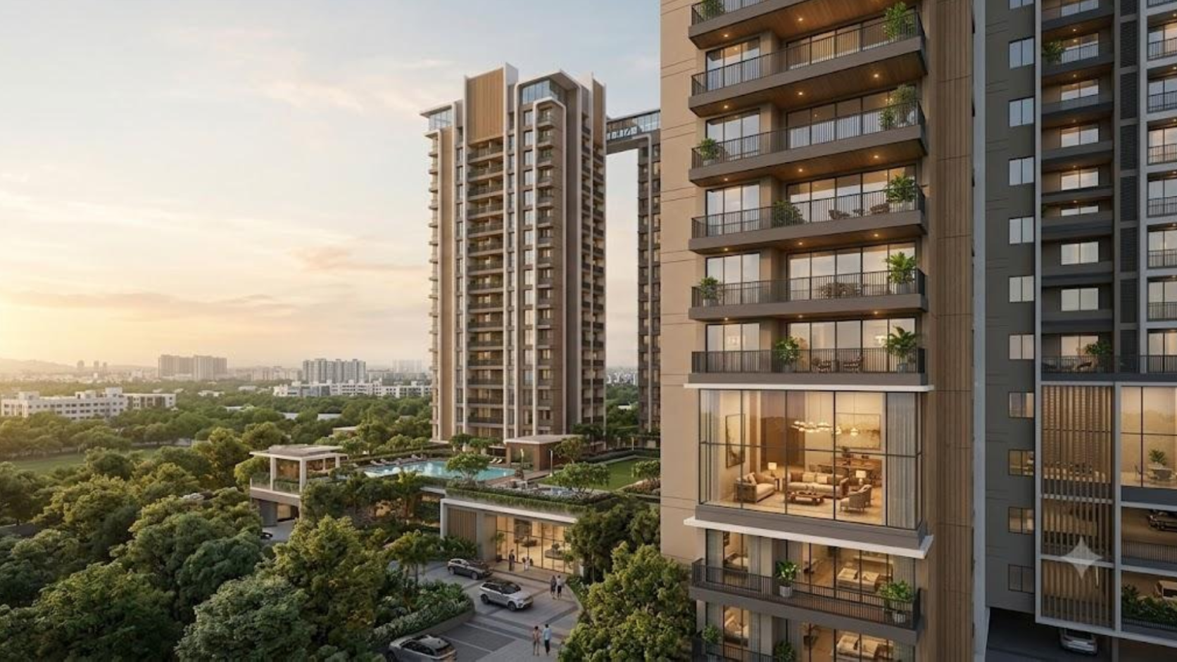 Spacious luxury living room in a 3 BHK Pune apartment showcasing high-end interior finishes, floor-to-ceiling windows, and scenic views.