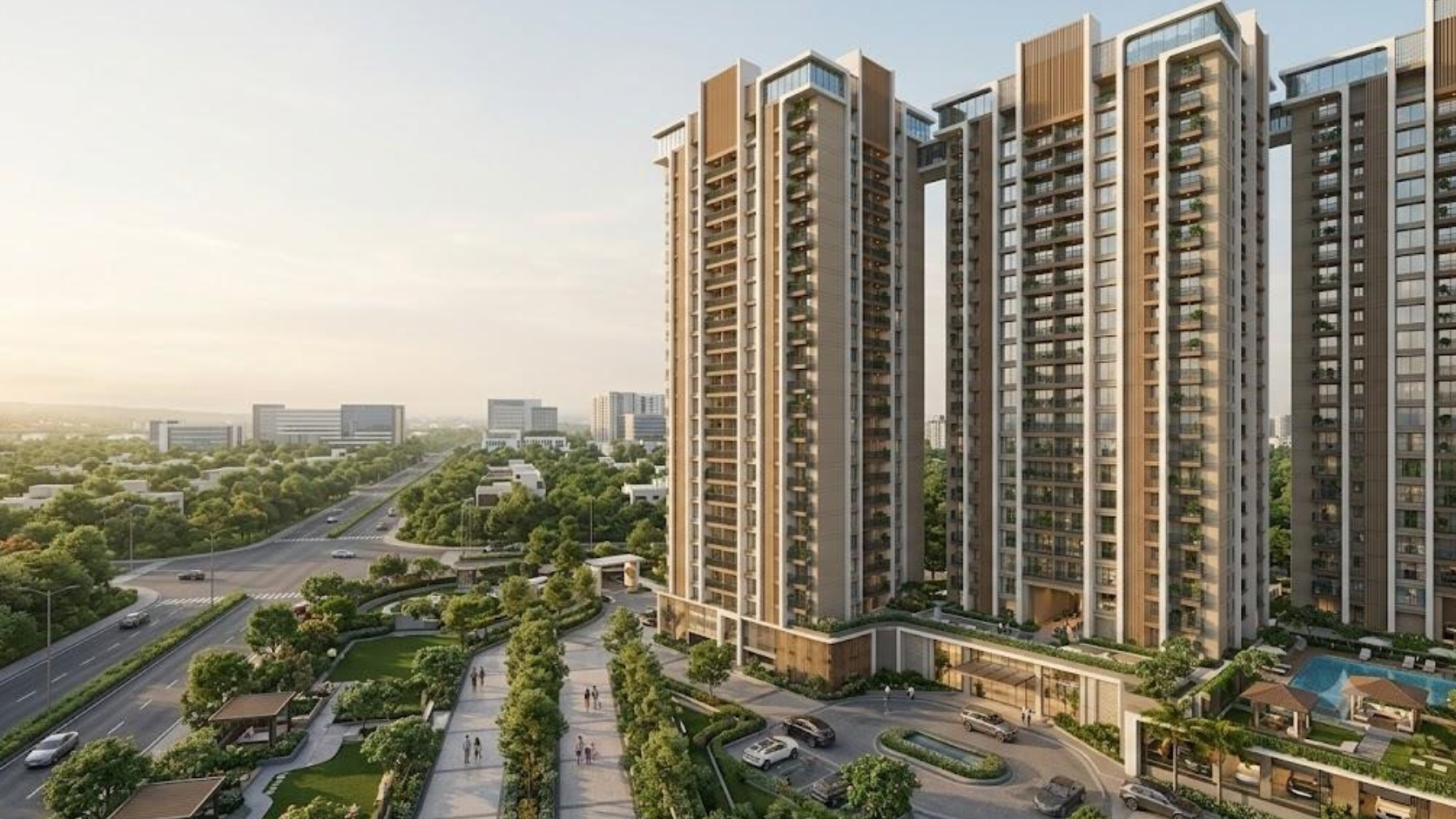 Modern luxury 2, 3, and 4 BHK apartment building in Pune featuring high-end architectural design, landscaped gardens, and premium residential amenities.