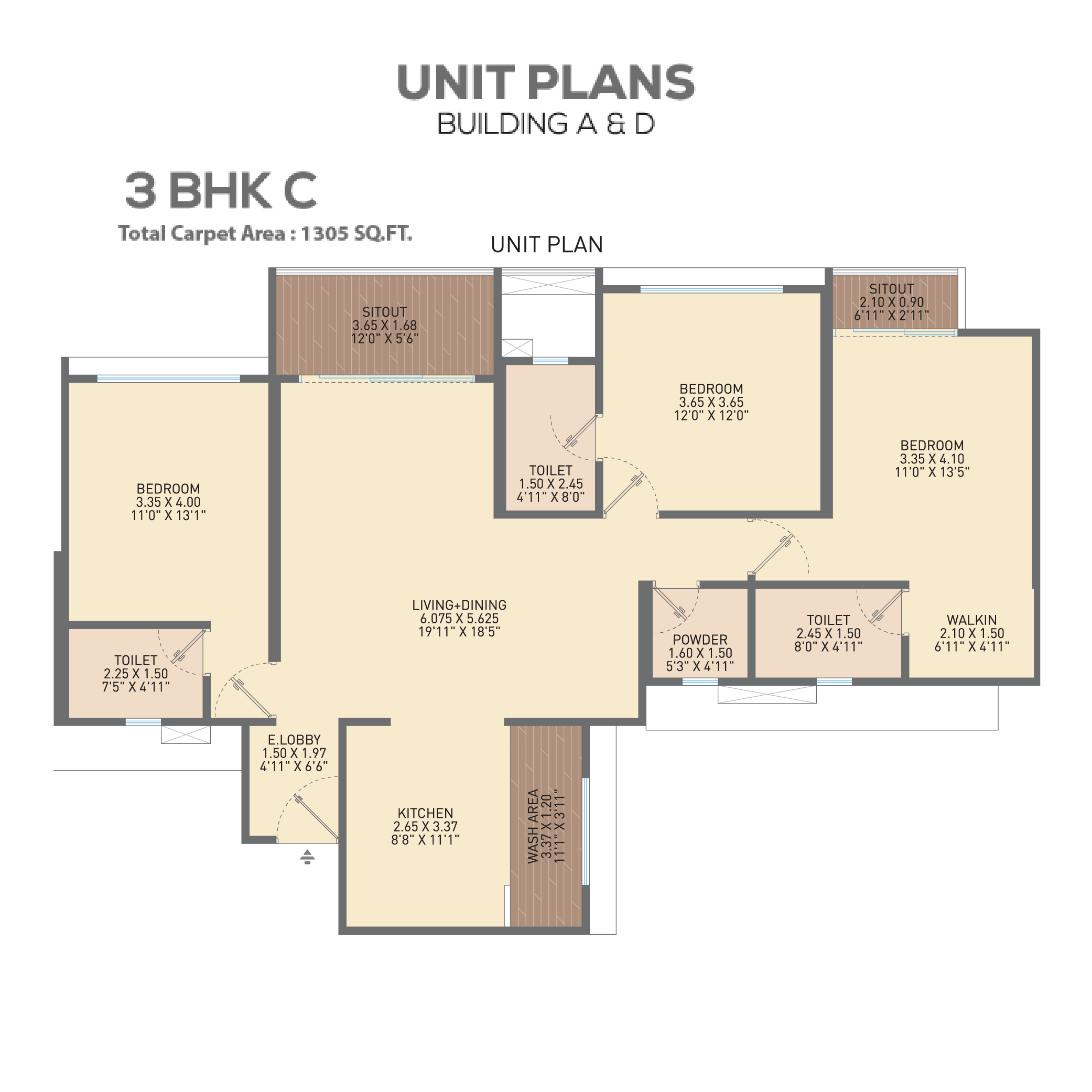 3 BHK apartment floor plan at GK Sindhu Skies, Pimple Saudagar, Pune, illustrating the residential layout and arrangement of living spaces.